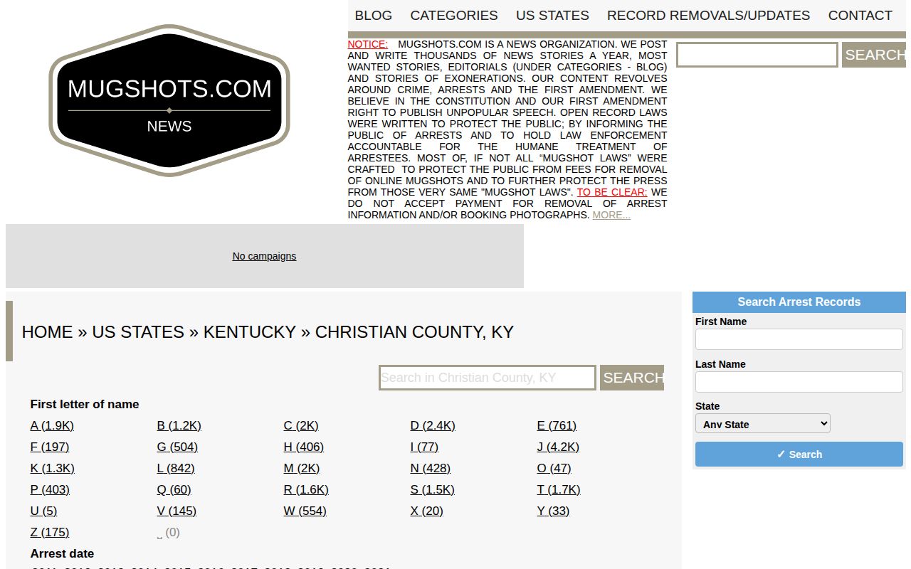 Unofficial Mugshots.com Christian County interface