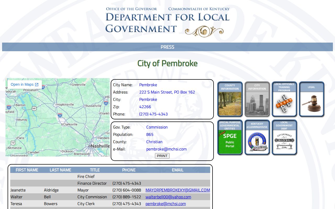 Pembroke official Kentucky DLG city and police contact record